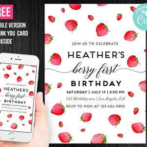 Berry First Birthday Invitation Girl Printable Strawberry Birthday Invitation Editable Template Instant Download Digital or Printed Invites