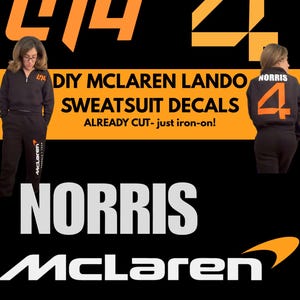 Puede incluir: Calcomanías de sudadera DIY McLaren Lando Norris del equipo de Fórmula 1 en negro y naranja. La imagen muestra a una persona con una sudadera negra con el número 4 y el nombre Norris en la espalda. El texto "ALREADY CUT - just iron-on!" también es visible.