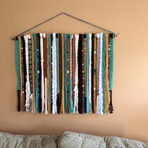 Turquoise & Black Yarn Wall Hanging, Yarn Tapestry, Boho Decor, Fiber Art, Beaded, Textile, Southwestern Decor, Macrame Wall Hanging