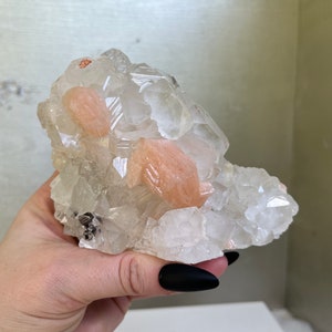 Gorgeous, Peach Stilbite on Yellow Apophyllite with Tourmaline Inclusions, Mixed Zeolite Mineral Specimen, Ethically Sourced