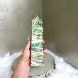 Gorgeous, Kiwi Calcite Tower, Banded Green Calcite Obelisk, Ethically Sourced, High Quality image 1