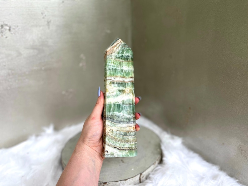 Gorgeous, Kiwi Calcite Tower, Banded Green Calcite Obelisk, Ethically Sourced, High Quality image 1