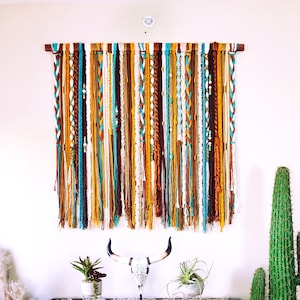 Turquoise Yarn Wall Hanging, Boho Tapestry, Boho Decor, Fiber Art, Beaded, Textile, Southwestern Decor, Macrame Wall Hanging