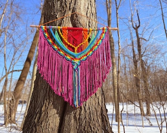 Rainbow Macrame Wall Hanging, Trendy Wall Art, Boho Decor, Retro Style, Fiber Art, Southwestern, Headboard, Eclectic Hippie Tapestry