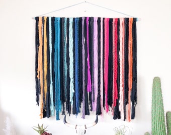 Rainbow Boho Yarn Wall Hanging, Boho Tapestry, Boho Wall Decor, Fiber Art, Macrame Wall Hanging, Textile Art, Pride, Backdrop
