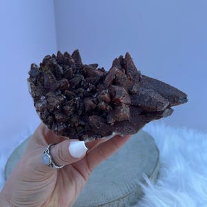 May include: A cluster of dark reddish-brown crystals, possibly a mineral specimen, held in a hand. The crystals have a rough, textured surface and are clustered together. The background is a light blue wall and a white fluffy surface.