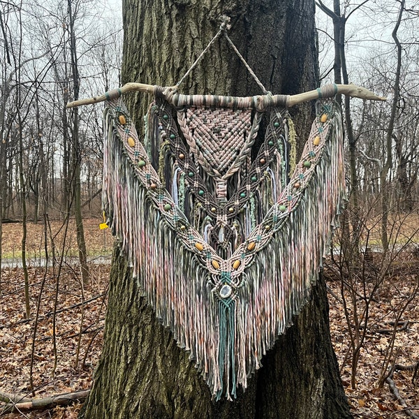 Chloris, Colorful, Nature Macrame Wall Hanging, Boho Wall Decor, Retro Style, Ice Dye Tapestry, Natural Fiber Art