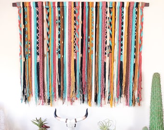 Turquoise Yarn Wall Hanging, Boho Tapestry, Boho Wall Decor, Fiber Art, Beaded, Macrame Wall Hanging, Southwestern Decor, Textile
