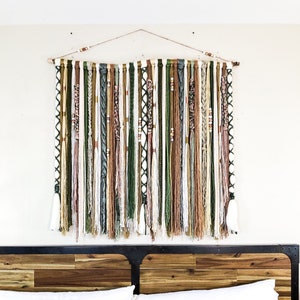 Green Bohemian Style Yarn Wall Hanging, Tapestry, Boho Wall Decor, Fiber Art, Macrame, Southwestern Decor, Rustic Decor, Beaded, Textile