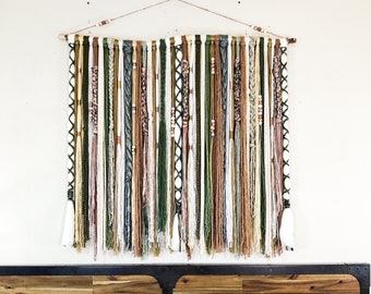 Green Bohemian Style Yarn Wall Hanging, Tapestry, Boho Wall Decor, Fiber Art, Macrame, Southwestern Decor, Rustic Decor, Beaded, Textile