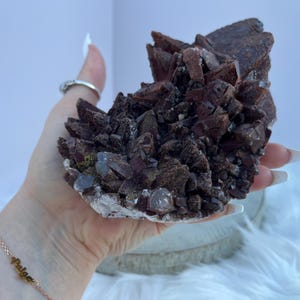 May include: A cluster of dark reddish-brown crystals, possibly a mineral specimen, held in a hand. The crystals have a rough, textured surface and are clustered together. The base of the specimen is a lighter color, possibly white or clear.