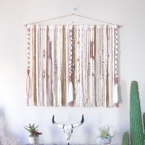 Rose Gold Yarn Wall Hanging, Boho Tapestry, Boho Wall Decor, Fiber Art, Macrame Wall Hanging, Textile, Beaded Wall Hanging, Wedding Backdrop