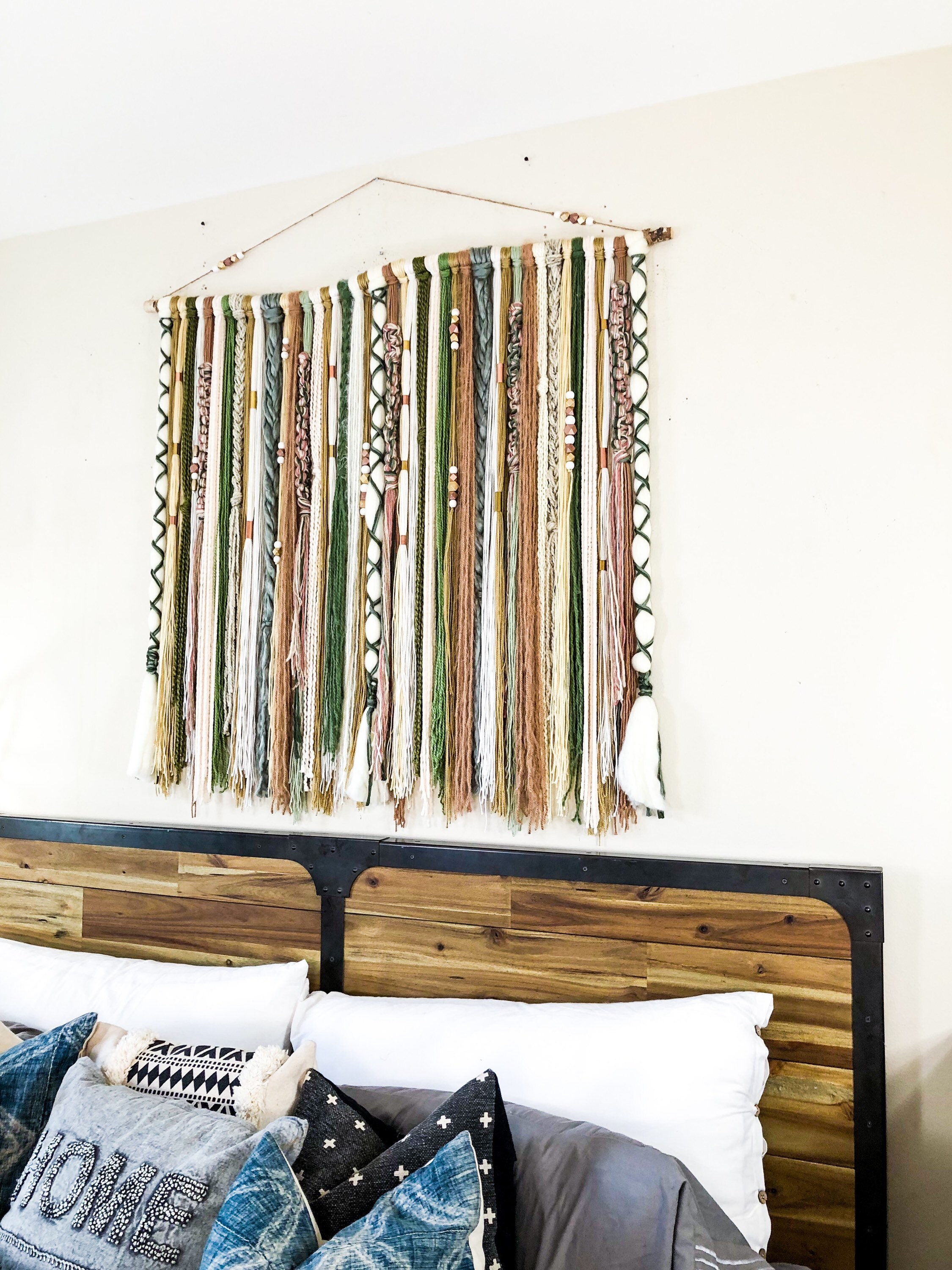 Green Bohemian Style Yarn Wall Hanging Tapestry Boho Wall Decor Fiber Art Macrame Southwestern Decor Rustic Decor Beaded Textile Etsy