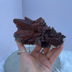 May include: A cluster of dark red quartz crystals with a rough, textured surface. The crystals are a deep reddish-brown color, with some areas appearing almost black. The quartz sits on a white base, and the overall shape is irregular.