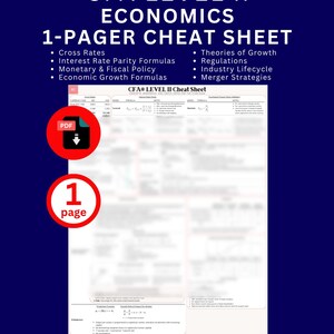 May include: A blue graphic with the text "CFA LEVEL II ECONOMICS 1-PAGER CHEAT SHEET." The sheet includes formulas and topics such as Cross Rates, Interest Rate Parity, and Theories of Growth. A red circle with the word "PDF" and a downward arrow is in the image.