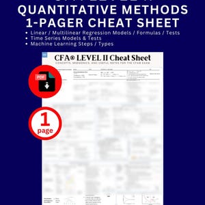 以下が含まれることがあります： 「CFA LEVEL II QUANTITATIVE METHODS 1-PAGER CHEAT SHEET」と書かれた白い文字の濃い青色のグラフィック。シートには、回帰モデルや時系列などのトピックが含まれています。赤い円は「1ページ」を示しています。