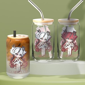 May include: Three glass tumblers with lids and straws. Each tumbler features a different anime character with a pink and white design. The tumblers are labeled "Camellia".