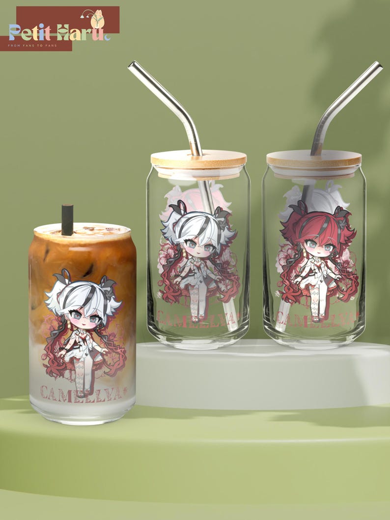 May include: Three glass tumblers with lids and straws. Each tumbler features a different anime character with a pink and white design. The tumblers are labeled "Camellia".