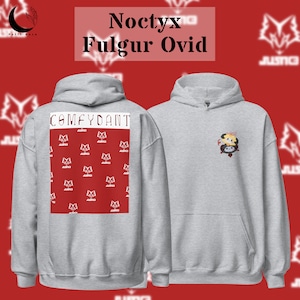 Può includere: Felpa con cappuccio grigia con un motivo a volpe rosso e bianco sul retro e una piccola immagine di cartone animato sul davanti. Il testo "COMFYDANT" è stampato sul retro della felpa.
