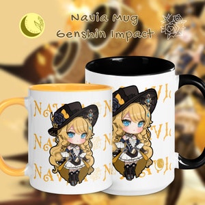 Navia Genshin Impact Fanart Mug with Black and Yellow Color Inside, 11oz & 15oz