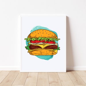 Burger Print - Burger Illustration - Diner Art - Foodie Art - Hamburger Art - Fast Food Art - Cheeseburger