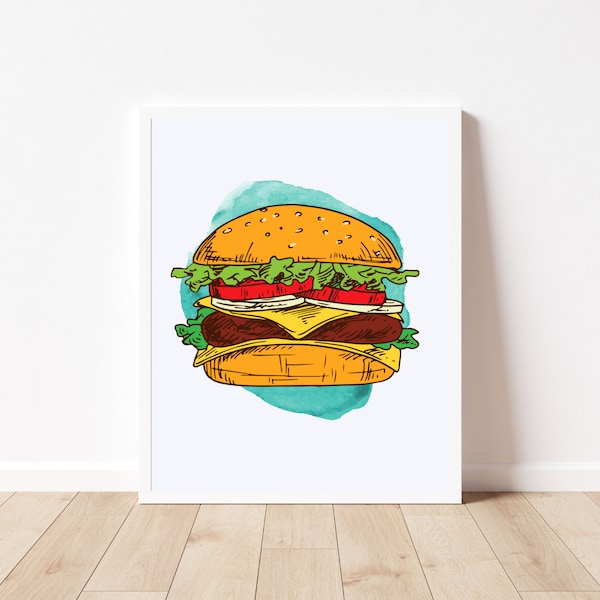 Burger Print - Burger Illustration - Diner Art - Foodie Art - Hamburger Art - Fast Food Art - Cheeseburger