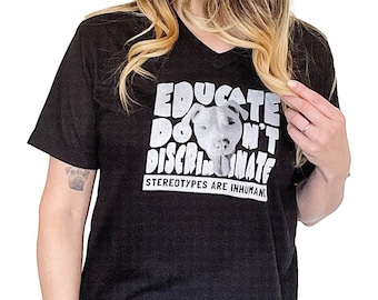 Educate Don't Discriminate Stereotypes Are Inhumane Unisex Short Sleeve V Neck T-Shirt // Black & White Pit Bull Education Tee Shirt
