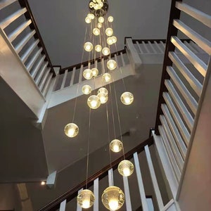 Modern Staircase Chandelier, Elegant Stairwell Chandelier with Bubble Glass Shades, Large Foyer Chandelier with Extra Long Pendant Light