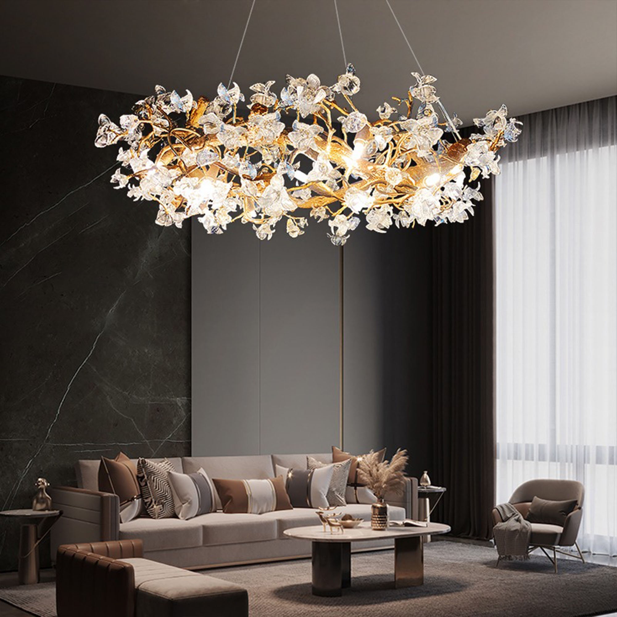 Frost Glass Floral Shaped Ceiling Lighting Korean Garden Living Room  Chandelier Light Fixture with Droplet Decor - Clearhalo