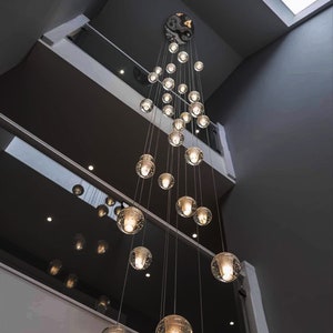 Modern Staircase Chandelier, Elegant Stairwell Chandelier with Bubble Glass Shades, Large Foyer Chandelier with Extra Long Pendant Light image 3