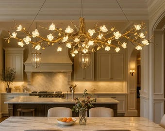 Brass Tree Branch Chandelier with Glass Flowers Boho Farmhouse Light