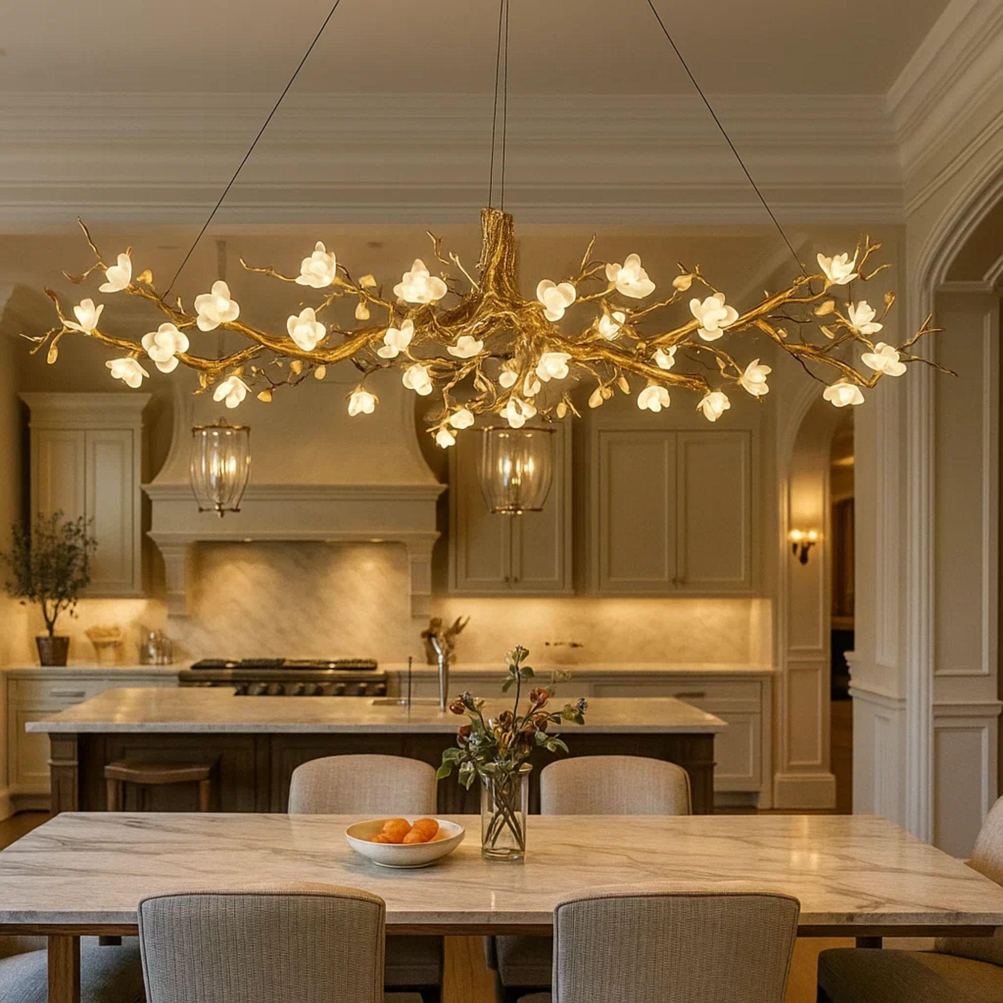 Brass Tree Branch Chandelier: Glass Flower Pendant Light, Boho