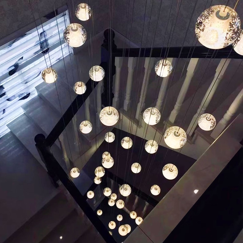 Modern Staircase Chandelier, Elegant Stairwell Chandelier with Bubble Glass Shades, Large Foyer Chandelier with Extra Long Pendant Light image 2