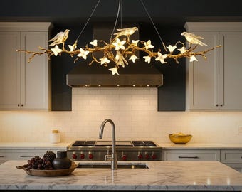 Brass Tree Branch Chandelier: Modern Bird Lighting, Kitchen Island Fixture