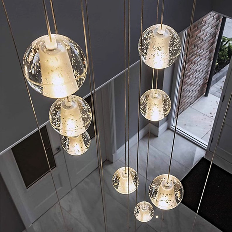 Modern Staircase Chandelier, Elegant Stairwell Chandelier with Bubble Glass Shades, Large Foyer Chandelier with Extra Long Pendant Light image 4