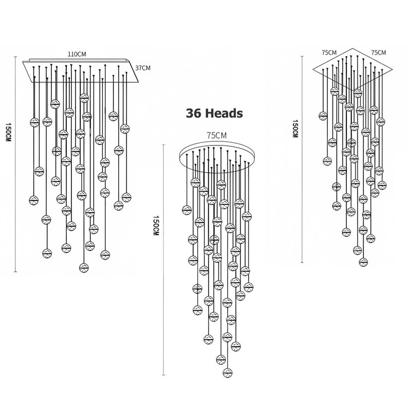 Modern Staircase Chandelier, Elegant Stairwell Chandelier with Bubble Glass Shades, Large Foyer Chandelier with Extra Long Pendant Light image 8