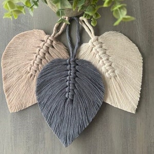 Macrame Leaf Wallhanger Decor Unique Feather Gift Handmade Boho Style Wall Decoration, Small Grey Silver Black