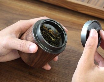 Wood Tea Caddy,Air Tight Tea Storage Canister With Double Lids,Matcha Powder Caddy