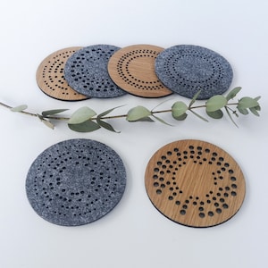 Wood, gray felt round coasters &quot;Dots&quot; set of 6, drink coasters, housewarming gift, home decor, desk accessories, new home present