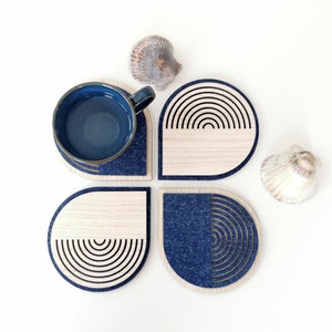 Modern indigo blue wooden coasters set, Decorative drink coasters with felt, Tea coffee mats, Tea lovers gift, Housewarming gift