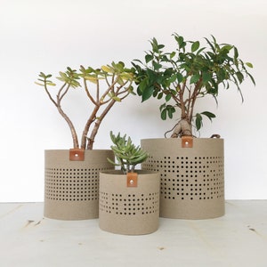 May include: Three brown felt planters with a geometric pattern and leather handles. The planters are filled with green plants.