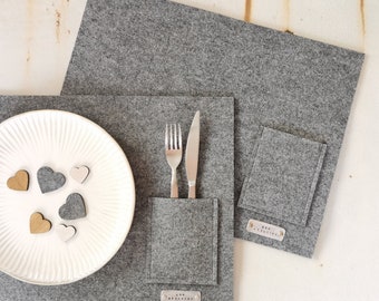 Rectangular gray felt placemats set of 2, Cutlery pocket with wish "bon appetit!", Hostess gift, Scandinavian design table decor