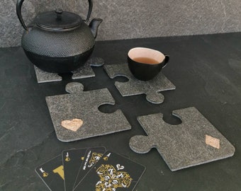 Gray stone coasters for cups set of 4, Puzzle serving trivet, Glossy mat with card symbols, Coffee bar decor, Housewarming gift