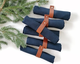 Navy blue, gray linen napkins with hand-stamped genuine leather rings with greetings - Scandinavian style Christmas table accessory