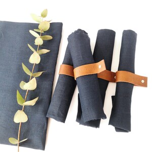 Navy blue, gray linen napkins with hand-stamped genuine leather rings with greetings Scandinavian style Christmas table accessory image 3