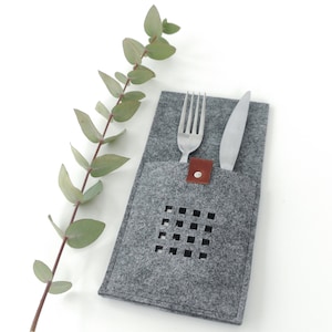 Felt cutlery holder, pocket - Modern restaurant, cafe, bistro, cozy home cutlery case with squares - Gray, cinnamon, blue table decor set