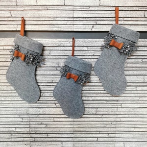 Handmade grey felt Christmas stocking, Personalized stockings for Christmas, Custom Christmas stockings with name tag, Advent season image 1