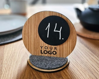 Round wooden table chalkboard sign for Restaurants, Cafes, Weddings, Small erasable reserved sign with stand, Engraved table signs with Logo