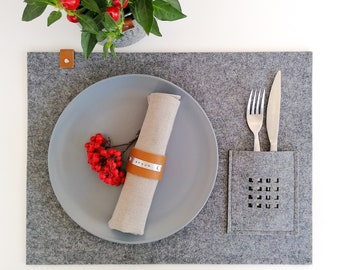 Rectangle placemats with cutlery pocket set of 2, Grey felt table mat, Modern and minimalistic table placemats, Dinning table set