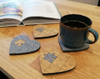 Wood and gray felt coasters set Hearts, New home gift, Funny Puzzle Design, Housewarming gift, Mother's day gift